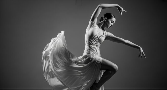 Dynamic studio pose of ballerina with flowing fabric.