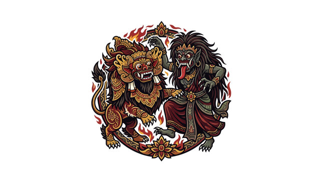 Intricate circular ornate badge of Barong and Rangda battle