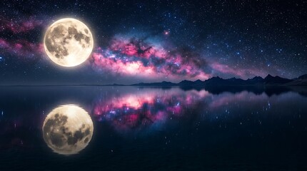 Naklejka premium Calm alien ocean planet reflecting breathtaking beautiful pink stardust night sky