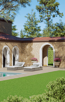 Mediterranean Villa Patio with Lounge Chairs and Arched Doors