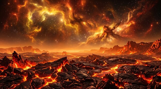 Glowing orange volcanic Venus surface with beautiful dramatic cosmic nebula sky