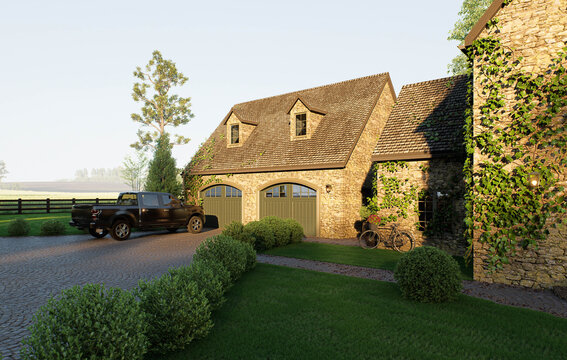 Rustic Stone Country House with Double Garage and Pickup Truck