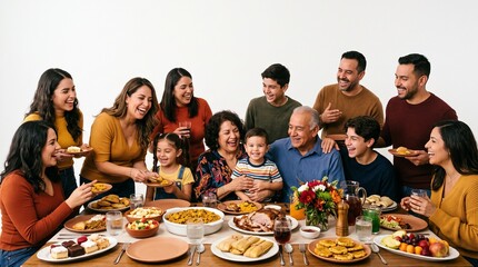 Fototapeta premium Multi generational family laughing and enjoying a festive meal together around a table laden with food