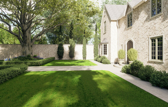 Luxury stone English manor house with green lawn garden courtyard