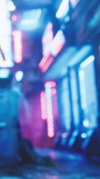 A busy urban alley shows colorful neon lights projecting on wet pavement. The setting has an industrial feel with a hint of fog, creating a lively nightlife scene.