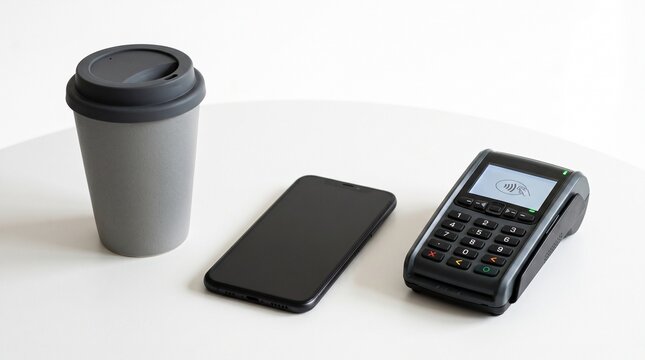 Contactless payment with smartphone and card reader next to a reusable coffee cup on a white table