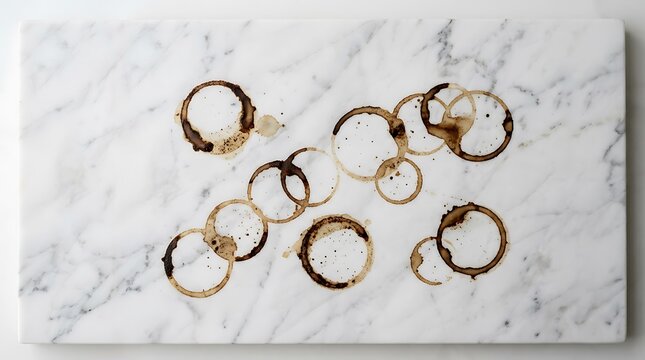 Many dark coffee cup stains and rings on a light grey marble stone surface background. coffee ring formation