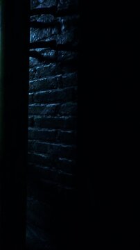 A narrow beam of blue light is coming from a slightly open door. The surrounding area is dark and there are textures of bricks visible. Shadows are cast around the doorway.