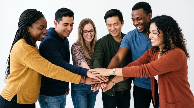 Diverse group of friends stacking hands together in a sign of unity and teamwork