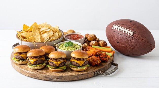 American Football Game Day Food Spread with Mini Burgers Chips Dips and Wings