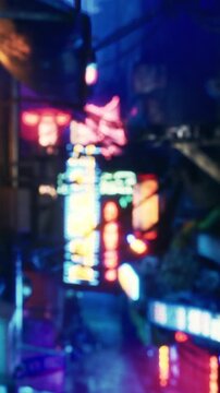Bright neon signs light up an alley in a city at night. People can be seen walking by as the colorful lights reflect off surfaces. The atmosphere feels energetic and lively.