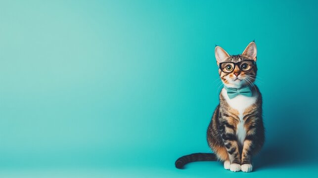 Adorable tabby cat wearing stylish glasses and a teal bowtie sits attentively against a vibrant turquoise background, exuding charm and personality.