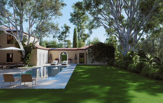 Luxury Mediterranean Villa Exterior with Swimming Pool and Green Lawn