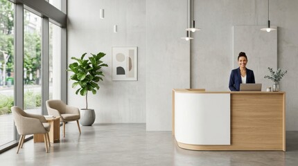 Fototapeta premium Modern office reception area with welcoming greeter and seating