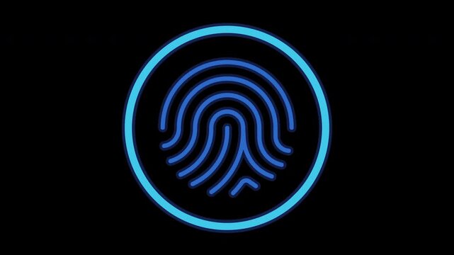 Digital fingerprint icon glowing with blue light for cyber security and biometric identity tech