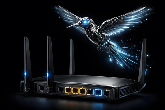 Black wireless wi-fi router with antennas emitting a glowing digital fiber optic humming bird against a dark background representing high speed internet connectivity