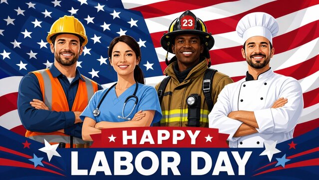 Four smiling professionals celebrating happy labor day with american flag background