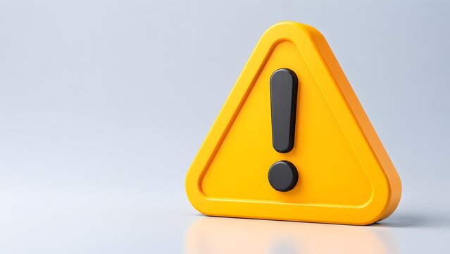 Yellow 3d warning triangle sign with black exclamation mark standing on white background. Concept of generic error notification and ui hazard symbol.