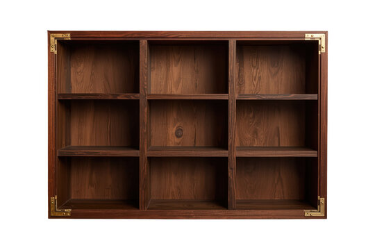 Wide wooden display cabinet with nine compartments isolated
