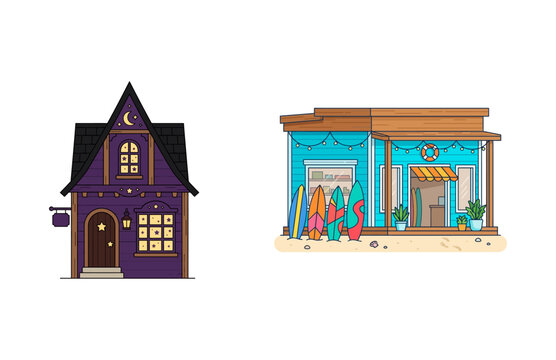 Two distinct vector style illustrations of a cozy dark gothic cottage and a vibrant sunny beach surf shack store front