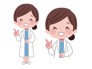 Fototapeta premium 指差しをして案内する白衣姿の女性医師イラストセット