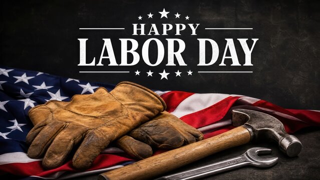 Happy labor day graphic with teddy bear, hammer, wrench and american flag