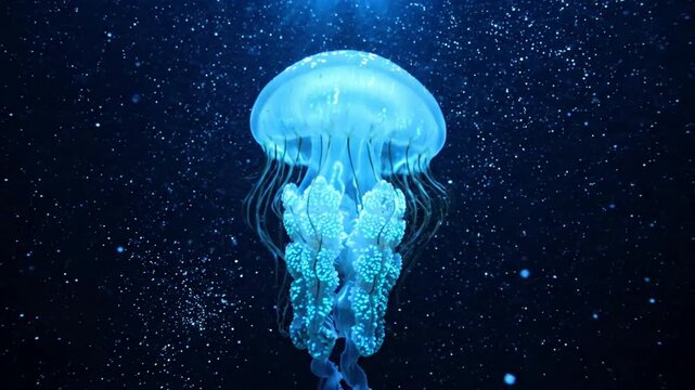 Bioluminescent Blue Jellyfish Swimming in Deep Dark Ocean Water