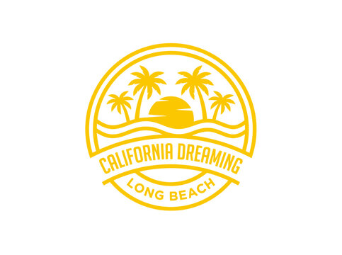 Retro Tropical Beach Scene Emblem with Palm Trees