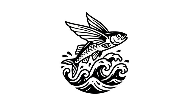 Flying Fish Leaping From Stylized Ocean Waves