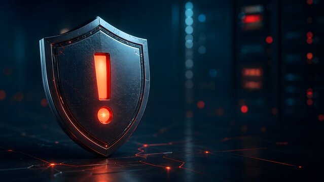 Metallic shield with red exclamation mark standing on server floor. Concept of database vulnerability, server room breach, and network firewall alert.