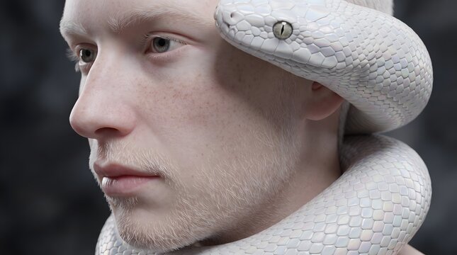 Portrait of an Albino Man with a White Snake Coiled Around His Neck Symbolizing Harmony with Nature and Mystical Connection