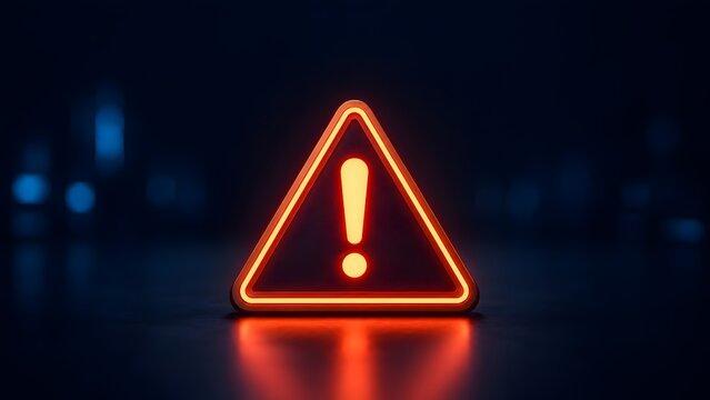 Glowing neon red caution triangle sign on dark reflective desk. Concept of system error alert, hazard notification, and digital risk awareness.