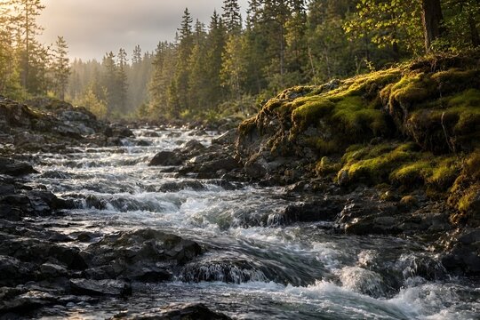 Rogue River above Union Creek, Oregon Rushes Over Jagged Stones. Mossy banks glow in golden sunlight. Nature's force moves through rocky moss terrain. Peaceful Golden Sunlight. Fast Moving Roaring.