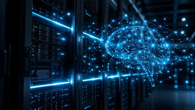 Glowing digital brain representing artificial intelligence in a server room