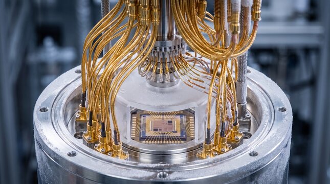 Close up view of the internal components of a powerful quantum computer with many copper gold wires