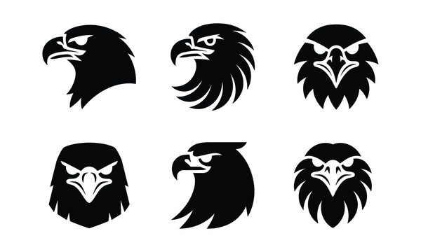 Six detailed eagle head silhouettes for sports team mascot logo design.