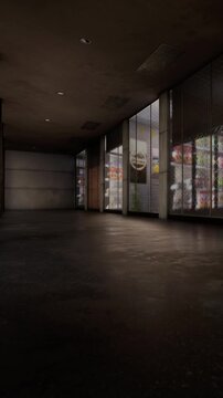 The scene shows a dark hallway with glass windows that display various products. The lighting is low, and the area appears quiet and vacant at night.
