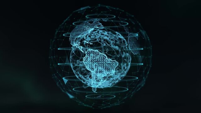Global network on Earth HUD hologram with map data transfer with glowing network nodes and blue light wifi satellite submarine cable network system