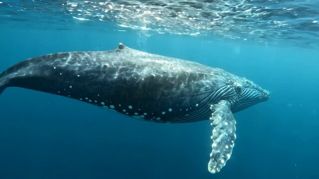 Humpback whale swimming gracefully in deep blue ocean waters underwater cinematic wildlife encounter