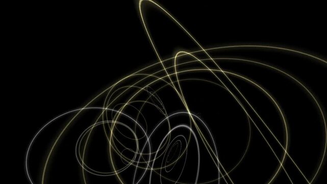 Abstract white and golden glowing wireframe circles and intersecting ellipses on a black background. Perfect for futuristic technology concepts, atomic structures, and elegant motion graphic backgroun