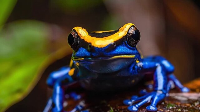 Close up of a strikingly colored blue and yellow poison dart frog in its natural habitat