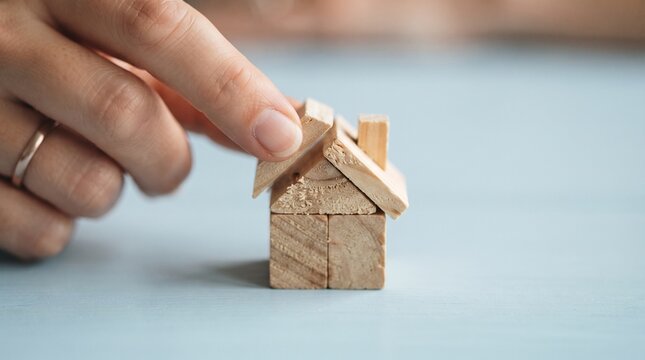 A hand building a small miniature house using wooden blocks.