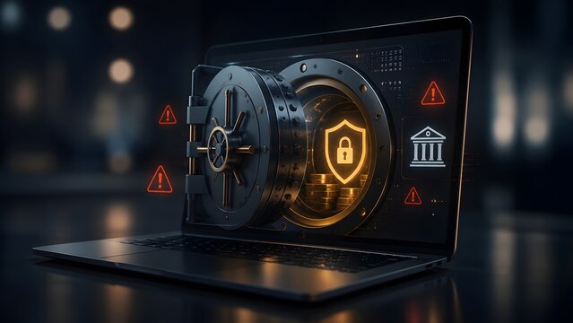 Open bank vault door emerging from laptop screen with glowing lock shield and warning icons. Concept of cybersecurity, digital banking protection, financial data security, and online fraud prevention.