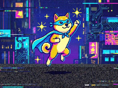 Pixel art Shiba Inu dog in superhero costume flying through a glitchy cyberpunk city