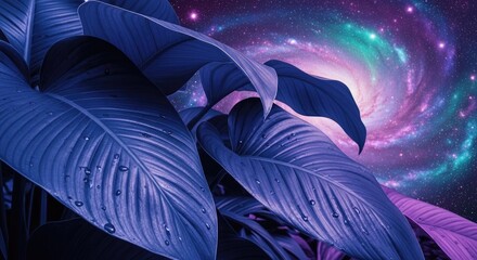 Obraz premium Deep purple and blue leaves with swirling galaxy.