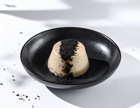 Black sesame rice ball dessert on black plate