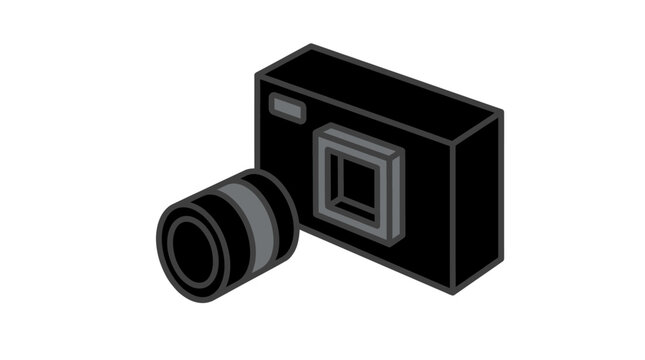 Isometric Line Art Illustration of a Digital Camera with Detached Lens, Symbolizing Photography, Imaging Technology, and Creative Content Creation Equipment