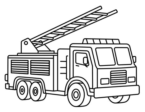 Fire Truck Coloring Page for Kids &ndash; Simple Cartoon Fire Engine Outline Vector Illustration