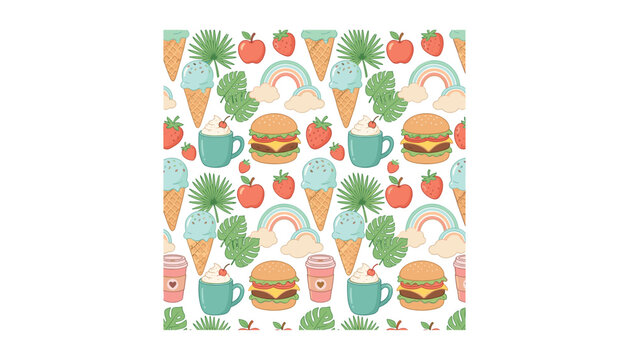 Seamless summer pattern with fast food ice cream cones rainbow and tropical leaves for holiday background wallpaper,