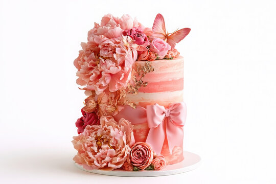 Luxury pink birthday cake decorated with peony, rose, butterfly and satin bow. Elegant bakery design isolated on a pure white background for feminine celebrations and premium stock imagery.